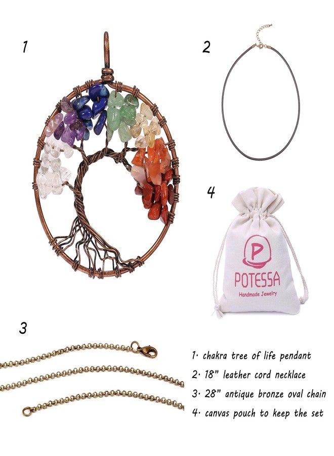 POTESSA 7 Chakra Tree of Life Necklace Wire Wrapped Quartz Crystal Pendant Leather Choker Necklace Tree Jewelry Gifts for Her - Image 2