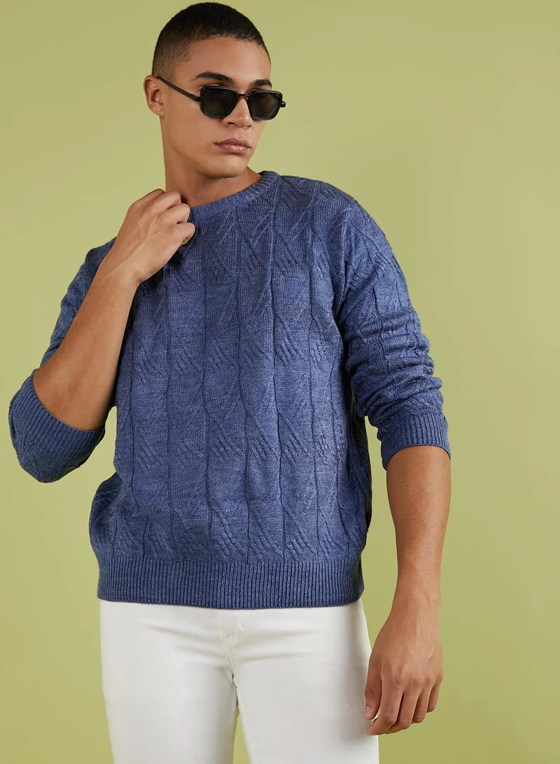 Men's Blue Textured Knit Pullover Sweater