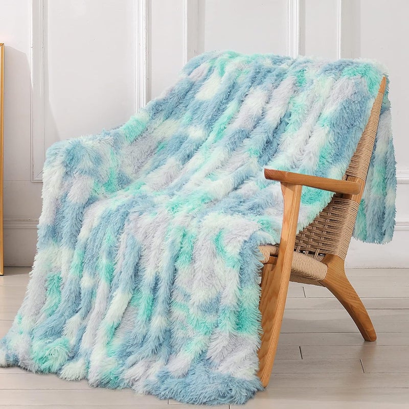 Tuddrom Decorative Extra Soft Faux Fur Throw Blanket,Solid Reversible Fuzzy Lightweight Long Hair Shaggy Blanket,Fluffy Cozy Plush Fleece Comfy Microfiber Fur Blanket for Couch Sofa Bed,Tie Dye Blue - Image 1