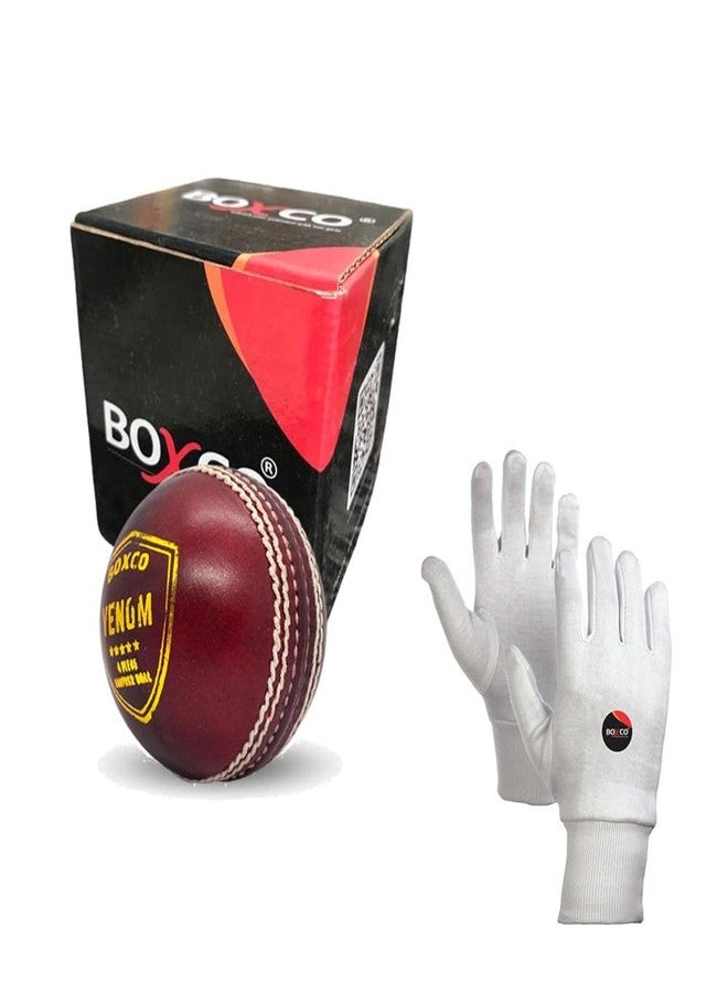 BOXCO Cricket Ball with Cotton Gloves, Hand Stitched Leather, 4-Part Construction, for T20, One Day, Test Matches (Venom Red) - Image 1