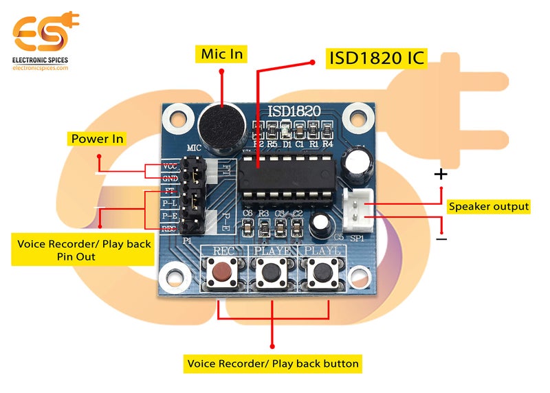Electronicspices ISD1820 Voice Recording Module with On Board Mic and Speaker - Image 3