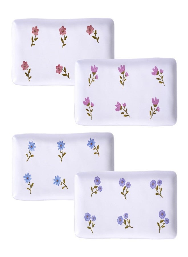 Lechoo 14" Rectangular Melamine Floral Serving Tray, 4pcs Stylish Flower Snack Serving Platter Set, Shatterproof Dinnerware Dishes for Outdoor Indoor Dining Entertaining Parties Garden Reusable Spring - Image 1