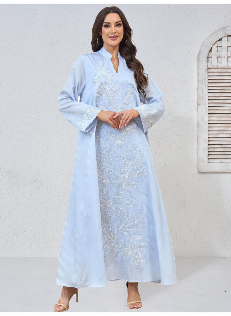 Kaiyuede Dubai Light Sky Blue Heavy White Beaded Sequin Floral Abaya | Mandarin Collar V-Neck Opaque Lined Modest Dress for Eid & Daily Wear - Image 4