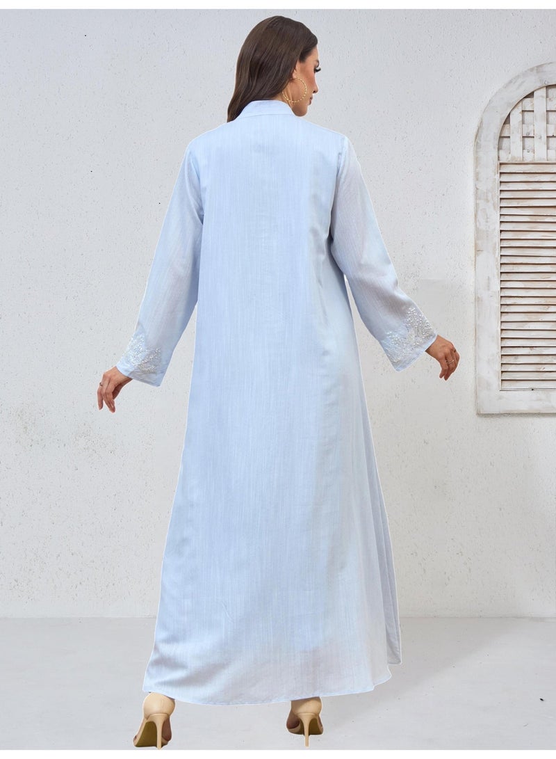 Kaiyuede Dubai Light Sky Blue Heavy White Beaded Sequin Floral Abaya | Mandarin Collar V-Neck Opaque Lined Modest Dress for Eid & Daily Wear - Image 3