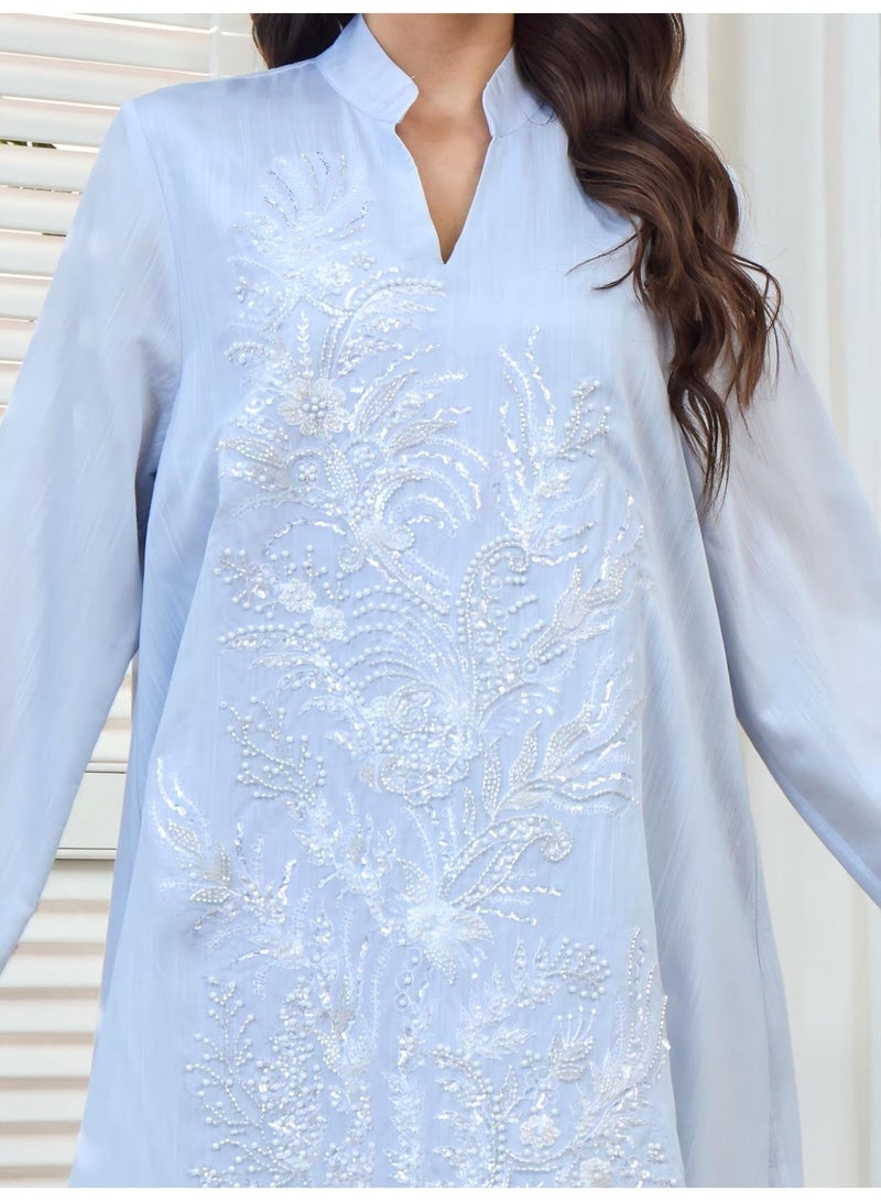Kaiyuede Dubai Light Sky Blue Heavy White Beaded Sequin Floral Abaya | Mandarin Collar V-Neck Opaque Lined Modest Dress for Eid & Daily Wear - Image 2