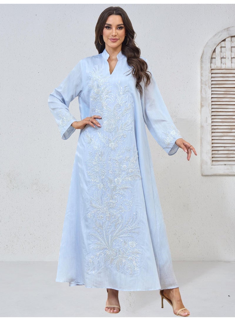 Kaiyuede Dubai Light Sky Blue Heavy White Beaded Sequin Floral Abaya | Mandarin Collar V-Neck Opaque Lined Modest Dress for Eid & Daily Wear - Image 1