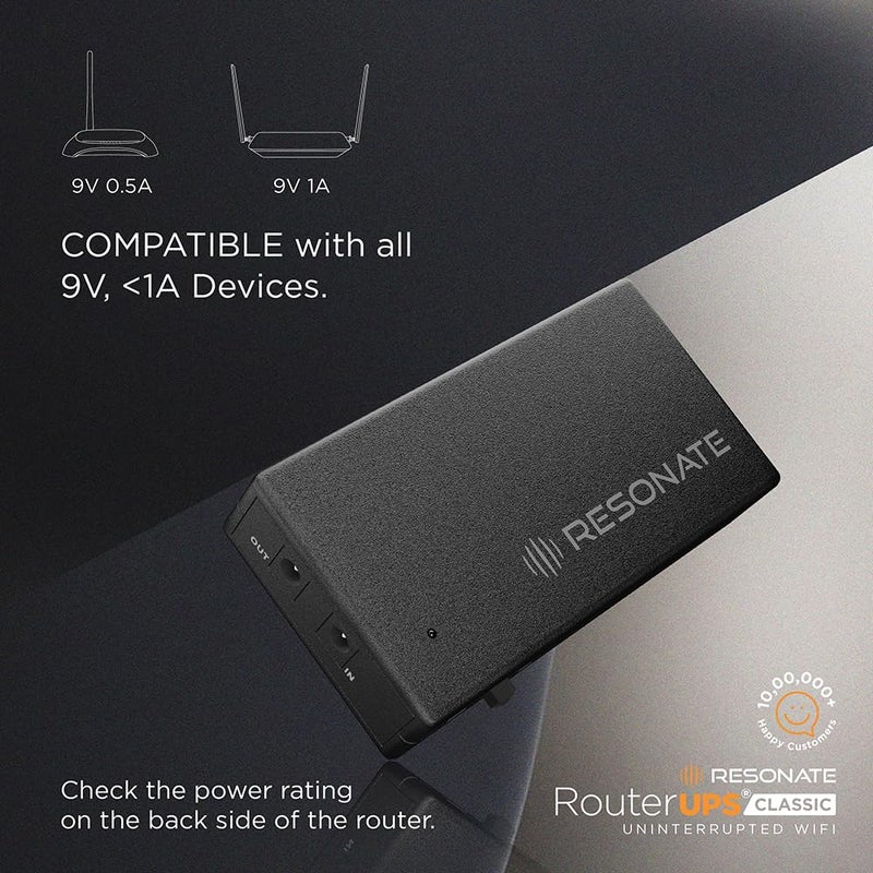 RESONATE RouterUPS® | UPS مصغر أصلي لأجهزة التوجيه وأجهزة WiFi 9V (حتى 1A) | دعم مستمر يصل إلى 6 ساعات | بطارية 2x2000mAh، معتمدة من BIS | متوافقة مع أجهزة المودم، CCTV، IoT وأجهزة FTTH - Image 3