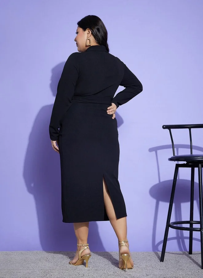 SASSAFRAS Belted Black High Neck Midi Dress for Women