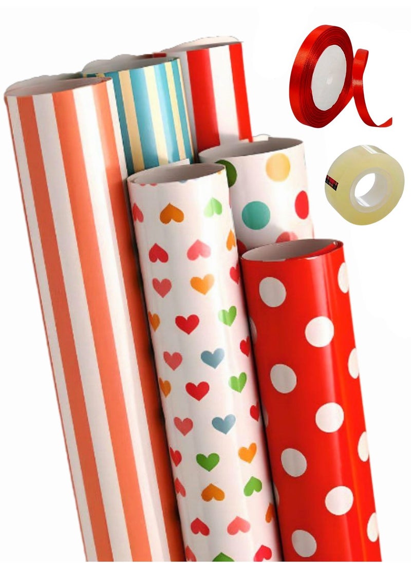 SARAOONT - 6 Pattern 6 Piece 50x70 cm Gift Wrap Paper Assortment with 1 Red Color 10 Meter Ribbon and 1 Transparent Tape - Create Beautifully Wrapped Gifts for Every - Image 1