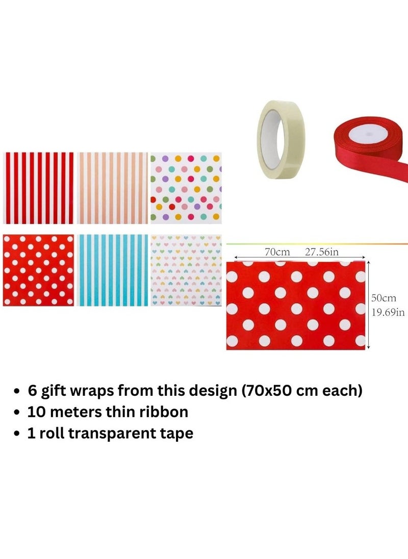 SARAOONT - 6 Pattern 6 Piece 50x70 cm Gift Wrap Paper Assortment with 1 Red Color 10 Meter Ribbon and 1 Transparent Tape - Create Beautifully Wrapped Gifts for Every - Image 1