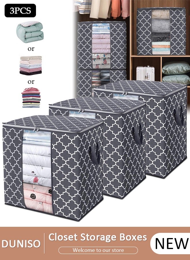 DUNISO 3-Piece Large Capacity Foldable Storage Bag with Clear Window Clothes Storage Bins Storage Containers with Durable Handles Thick Fabric for Blanket Comforter Clothing Bedding - Image 1