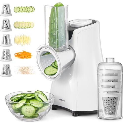 Reemix Electric Cheese Grater, Reemix 5 Multi Blade Cheese Shredder Salad Maker, One Touch Easy Control, Multi Salad Maker for Vegetables, Cheeses and Nuts, White - Image 1