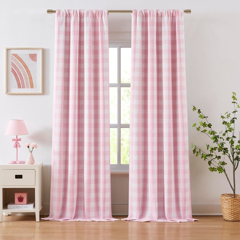 Bapawfish Pink White Buffalo Plaid Full Blackout Curtains 84 Inches Long,Girls Room Thermal Insulated Drapes for Bedroom Living Room,Modern Window Treatment,Rod Pocket Back Tabs,Pink/White(Pack of 2) - Image 1