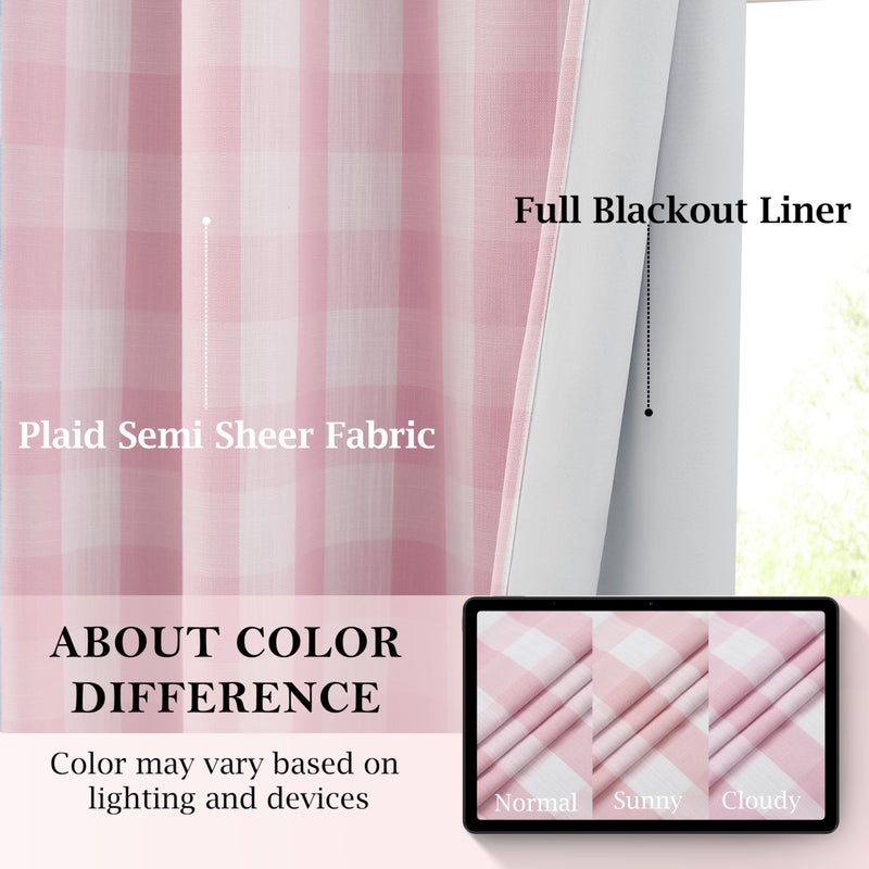 Bapawfish Pink White Buffalo Plaid Full Blackout Curtains 84 Inches Long,Girls Room Thermal Insulated Drapes for Bedroom Living Room,Modern Window Treatment,Rod Pocket Back Tabs,Pink/White(Pack of 2) - Image 2