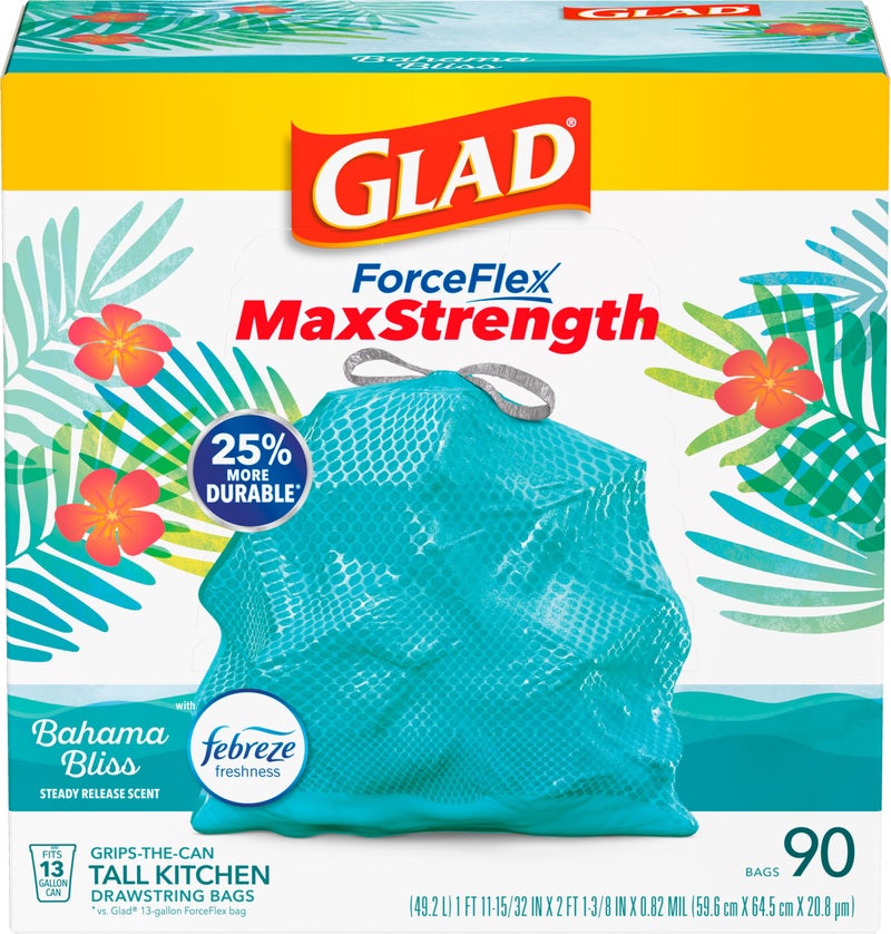 Glad ForceFlex MaxStrength Kitchen Trash Bags, 13 Gal, Bahama Bliss Febreze, 90 Ct (Pack May Vary) - Image 1