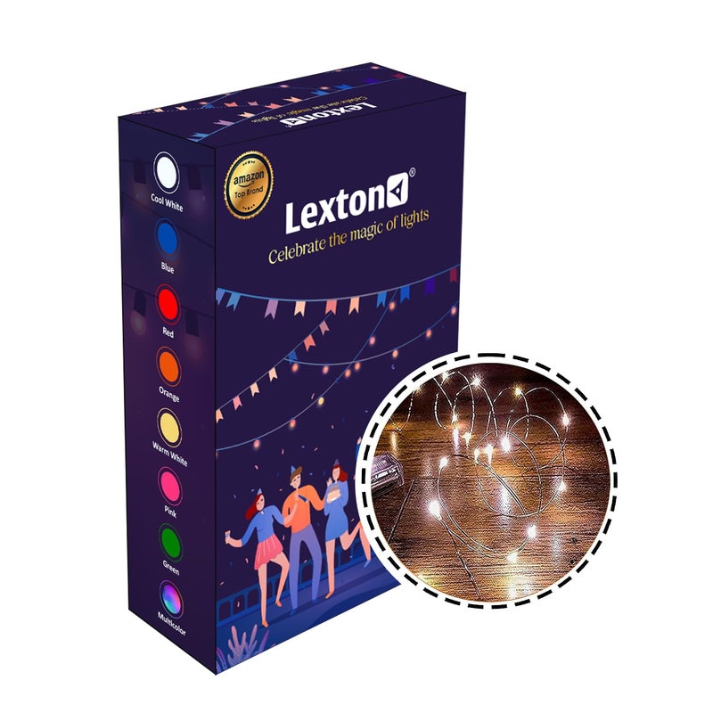 Lexton Lexton 5 Meter 50 LEDs Waterproof Copper Wire String Fairy Lights Battery Powered Battery Not Included for Indoor Outdoor Decorations Warm White Pack of 1 Standard Lex5m50Led 