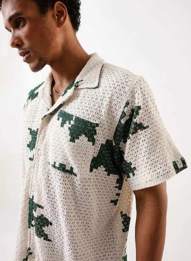 Hubberholme Men's Green 100% Cotton Textured Button Down Oversized Shirt