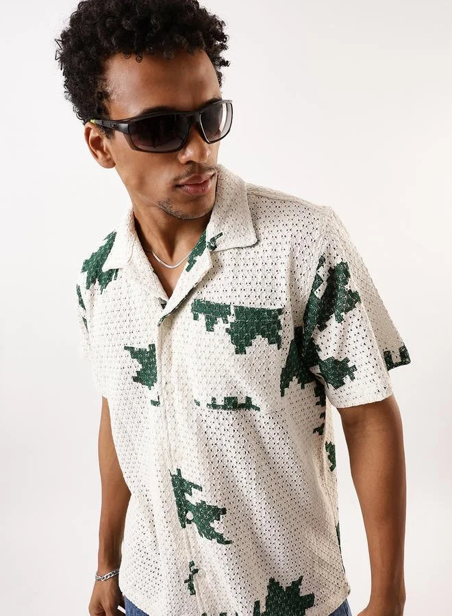 Hubberholme Men's Green 100% Cotton Textured Button Down Oversized Shirt