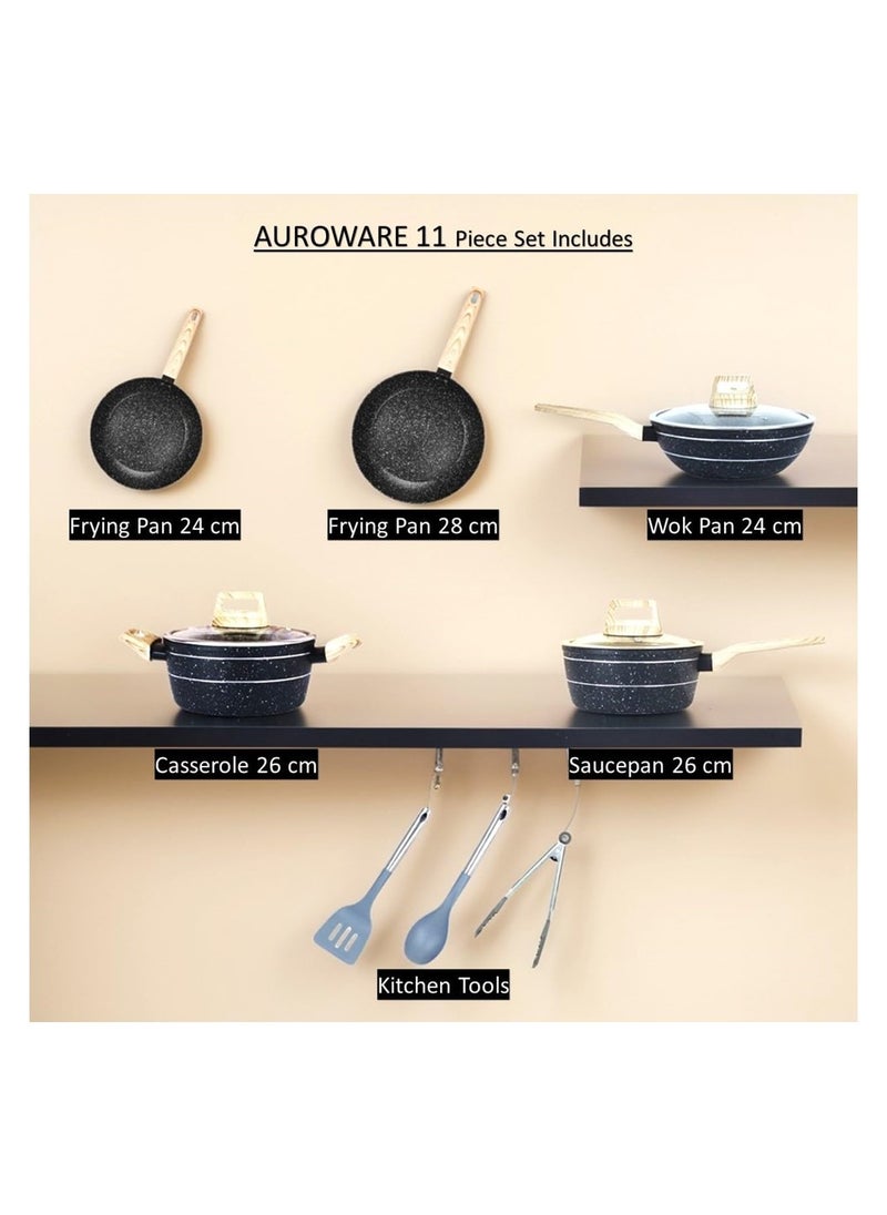 Auroware مجموعة أواني الطهي غير اللاصقة المكونة من 11 قطعة من Auroware، مجموعة أواني الطهي بالحث الحراري، مقلاة، مقلاة صلصة، مقلاة ووك، أدوات المطبخ، غطاء زجاجي، مجموعة أدوات المطبخ للطهي  - Image 2