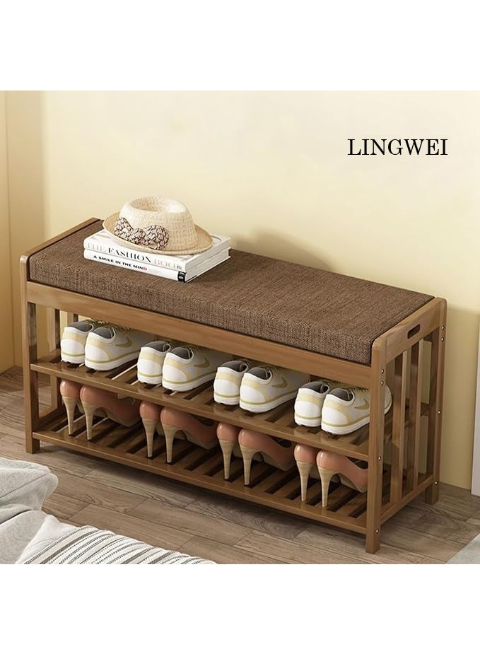 LINGWEI Wooden Shoe Rack With Bench Brown 80x45x27cm Shoe Cabinet with Seat Bamboo Free Standing Entryway Closed Shoes Organizer - Image 2
