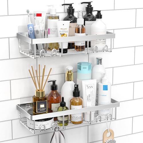 Moforoco Shower Caddy Shelf Organizer Rack, Self Adhesive Black Bathroom Shelves Basket, Home Farmhouse Wall Inside Organization and Storage Decor Rv Accessories, First Camper Apartment Essentials - Image 1