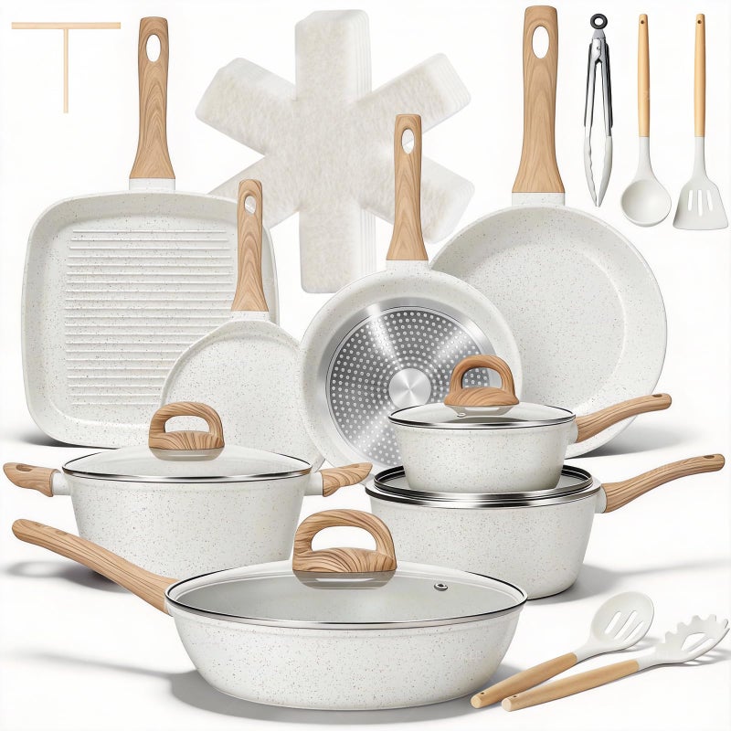 EWFEN 25 Pcs Pots and Pans Set, Nonstick Ceramic Cookware Sets, Healthy Non-Toxic, Large Capacity, Induction Compatible, Cooking Set with Frying Pans & Saucepans, PFAS/PTFE/PFOA Free, Cream White - Image 1