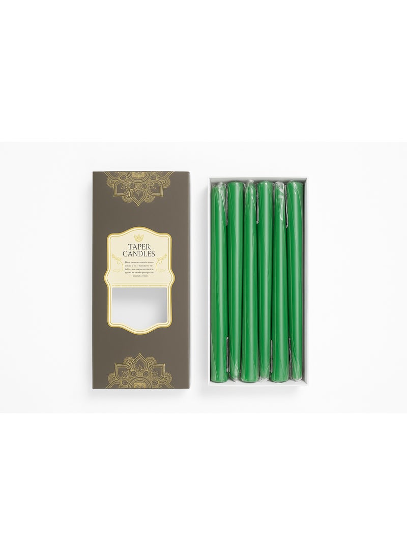 Home Care مجموعة 12 قطعة من الشموع الخضراء الرفيعة الأنيقة، شموع طويلة بدون قطرات للديكور المنزلي، العشاء، الزفاف والمناسبات | شموع شمعية غير معطرة، بدون دخان في علبة هدايا فاخرة - Image 1