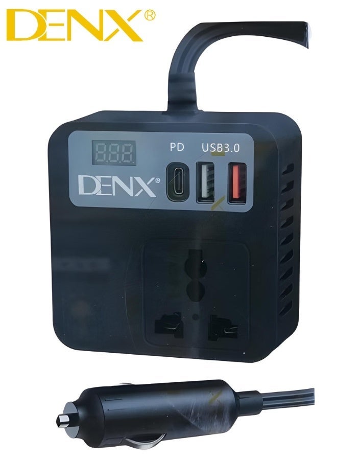 Denx Car Power Inverter, 100W with Car Battery Clip, Car Charger Adapter with 2 USB Ports, 1 PD Port, Built-in Switch and LED Display, Suitable for Cars and Trucks. - Image 3
