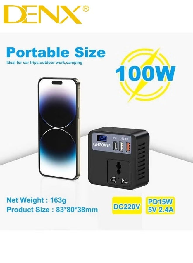 Denx Car Power Inverter, 100W with Car Battery Clip, Car Charger Adapter with 2 USB Ports, 1 PD Port, Built-in Switch and LED Display, Suitable for Cars and Trucks. - Image 5