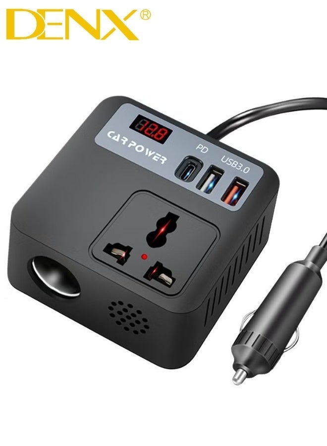 Denx Car Power Inverter, 100W with Car Battery Clip, Car Charger Adapter with 2 USB Ports, 1 PD Port, Built-in Switch and LED Display, Suitable for Cars and Trucks. - Image 1