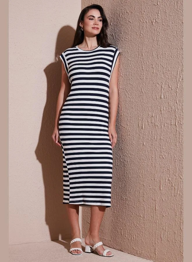 Lela Lela Regular Fit Crew Neck Striped Midi Length Dress Women's DRESS 5866105