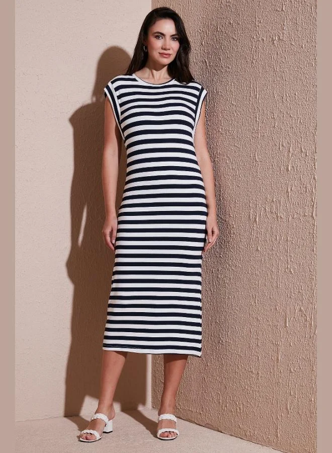 Lela Lela Regular Fit Crew Neck Striped Midi Length Dress Women's DRESS 5866105