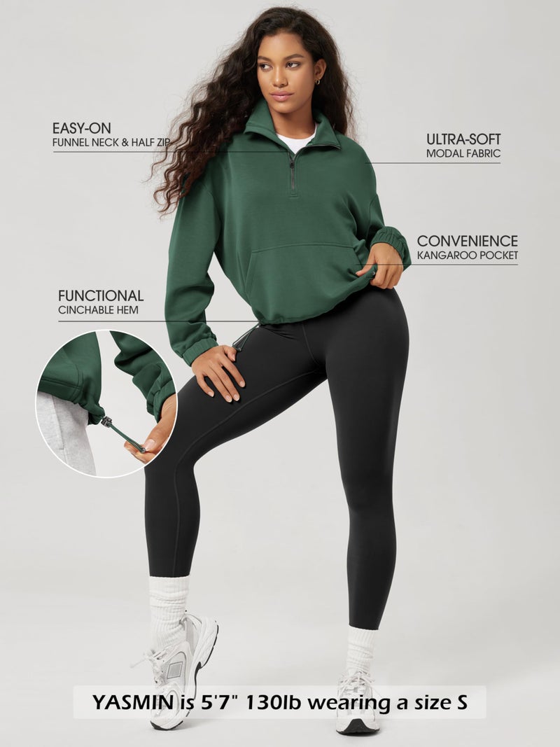 ODODOS Women's Modal Soft Cinchable Sweatshirts Half Zipper Funnel Neck Oversize Pullover with Pockets, Rainforest Green, Medium - Image 4