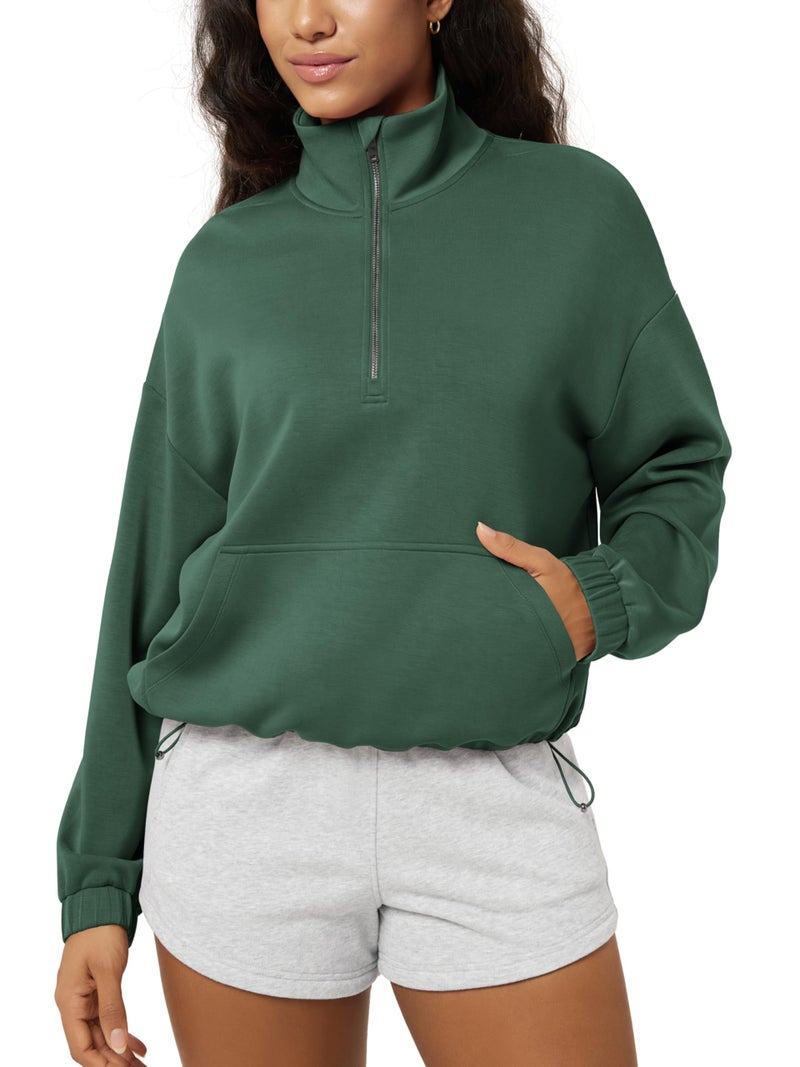 ODODOS Women's Modal Soft Cinchable Sweatshirts Half Zipper Funnel Neck Oversize Pullover with Pockets, Rainforest Green, Medium - Image 1