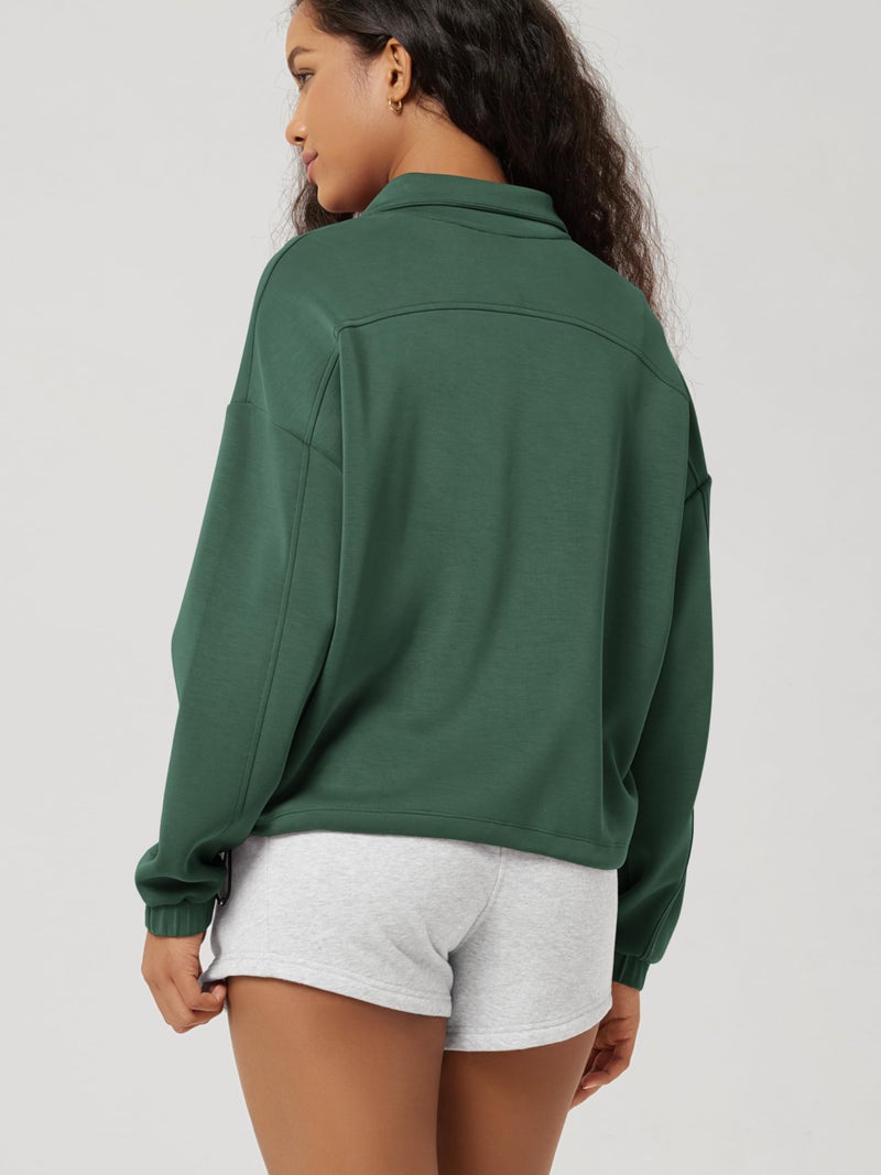 ODODOS Women's Modal Soft Cinchable Sweatshirts Half Zipper Funnel Neck Oversize Pullover with Pockets, Rainforest Green, Medium - Image 3