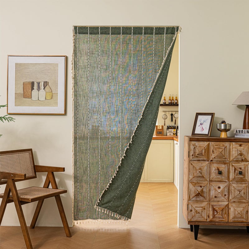 Sutuo Home Boho Door Curtains for Doorway Patio, Bohemian Linen Tassles Light Filtering Christmas Temporary Room Privacy Dividers For Bedroom Living Room, Rod Pocket 1 Panel 37" W x 80" L, Olive Green - Image 1