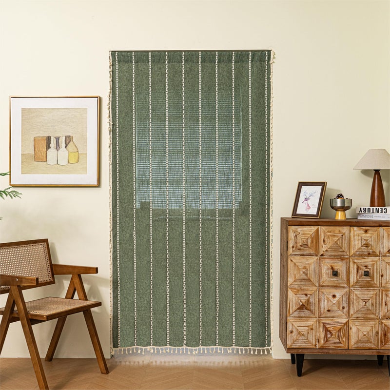 Sutuo Home Boho Door Curtains for Doorway Patio, Bohemian Linen Tassles Light Filtering Christmas Temporary Room Privacy Dividers For Bedroom Living Room, Rod Pocket 1 Panel 37" W x 80" L, Olive Green - Image 2