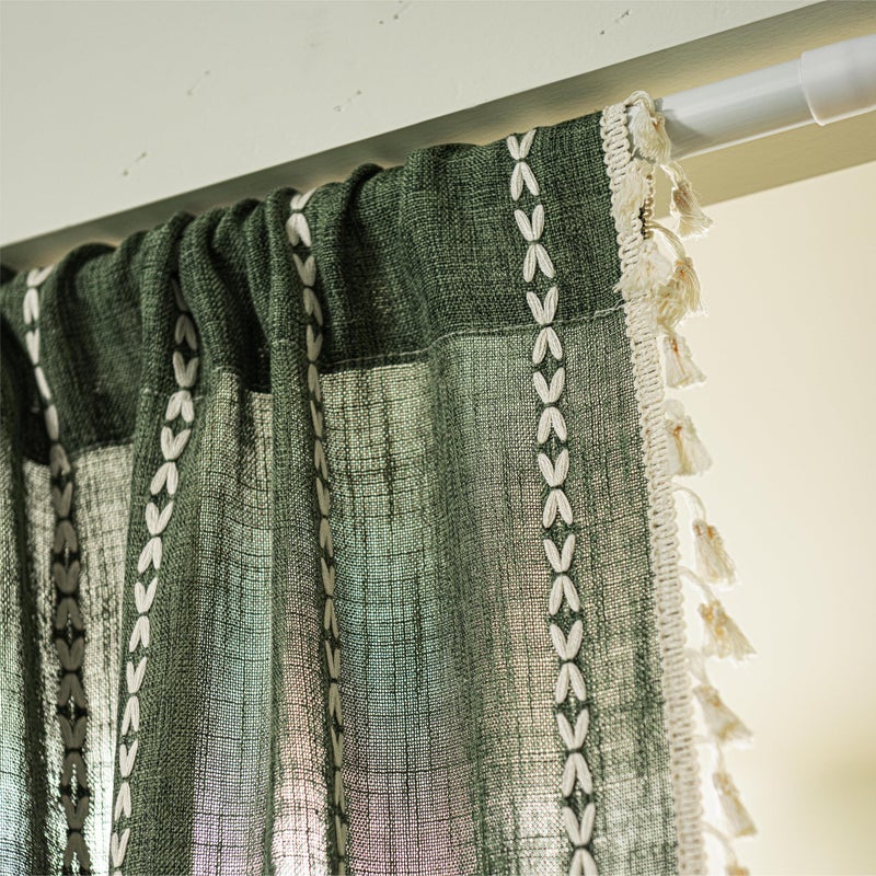 Sutuo Home Boho Door Curtains for Doorway Patio, Bohemian Linen Tassles Light Filtering Christmas Temporary Room Privacy Dividers For Bedroom Living Room, Rod Pocket 1 Panel 37" W x 80" L, Olive Green - Image 4