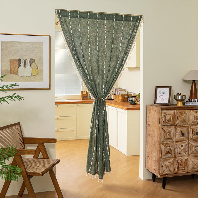 Sutuo Home Boho Door Curtains for Doorway Patio, Bohemian Linen Tassles Light Filtering Christmas Temporary Room Privacy Dividers For Bedroom Living Room, Rod Pocket 1 Panel 37" W x 80" L, Olive Green - Image 3