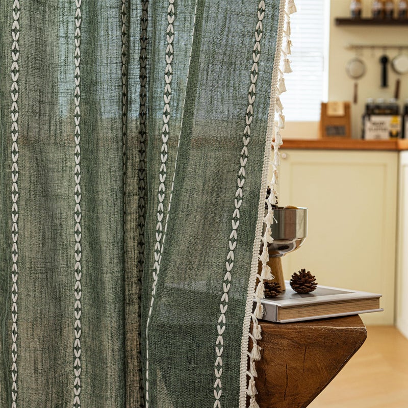Sutuo Home Boho Door Curtains for Doorway Patio, Bohemian Linen Tassles Light Filtering Christmas Temporary Room Privacy Dividers For Bedroom Living Room, Rod Pocket 1 Panel 37" W x 80" L, Olive Green - Image 5