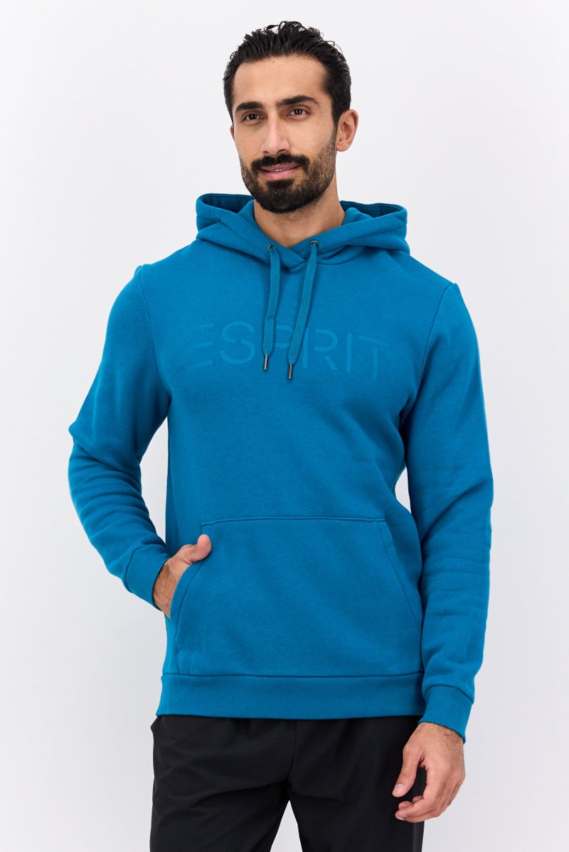 ESPRIT Men Hooded Long Sleeve Brand Logo Sweatshirt, Teal Blue - Image 1