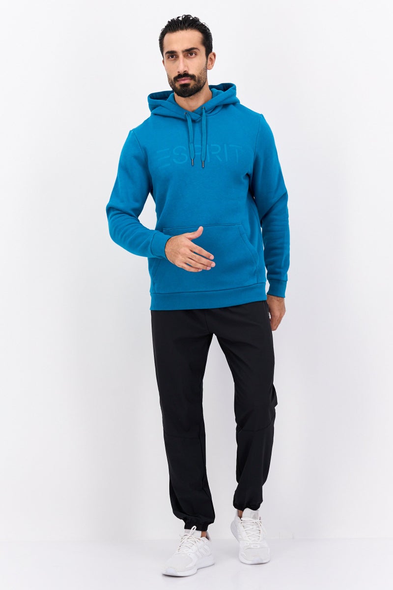 ESPRIT Men Hooded Long Sleeve Brand Logo Sweatshirt, Teal Blue - Image 4