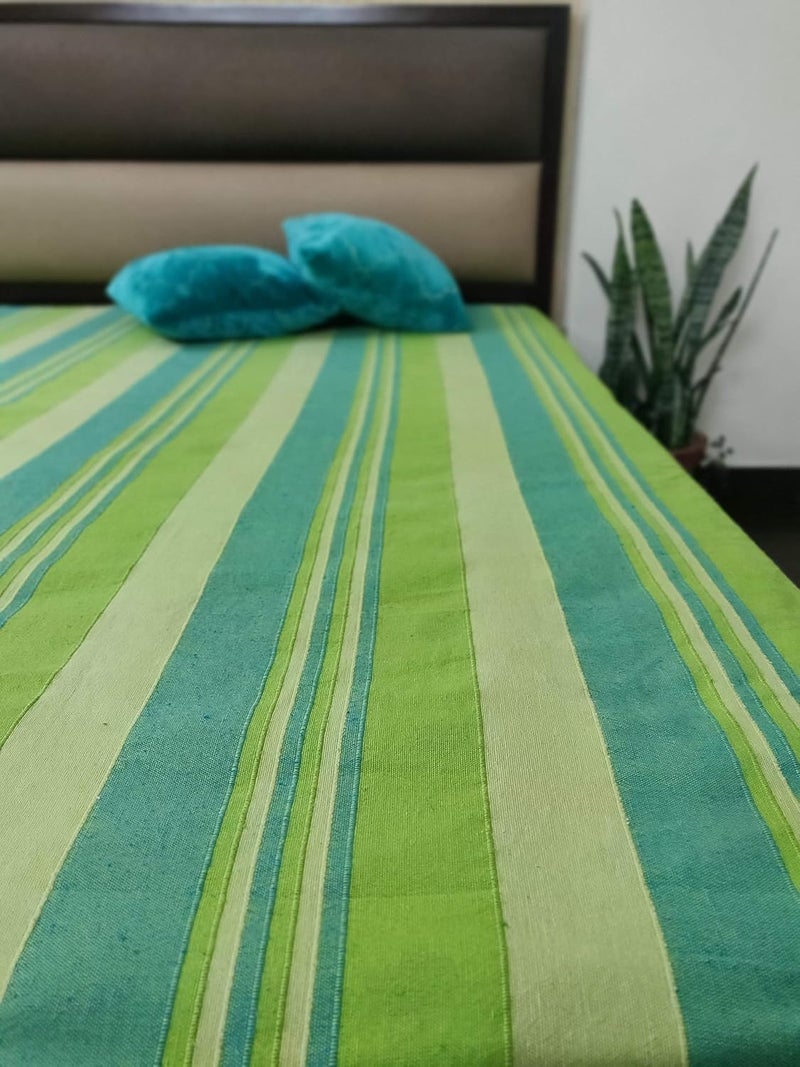 RANGBHAR Handloom Cotton Single Bedsheet Without Pillow Covers Woven Striped Bedcover 60 x 90 inch Green210 Threadcount - Image 3