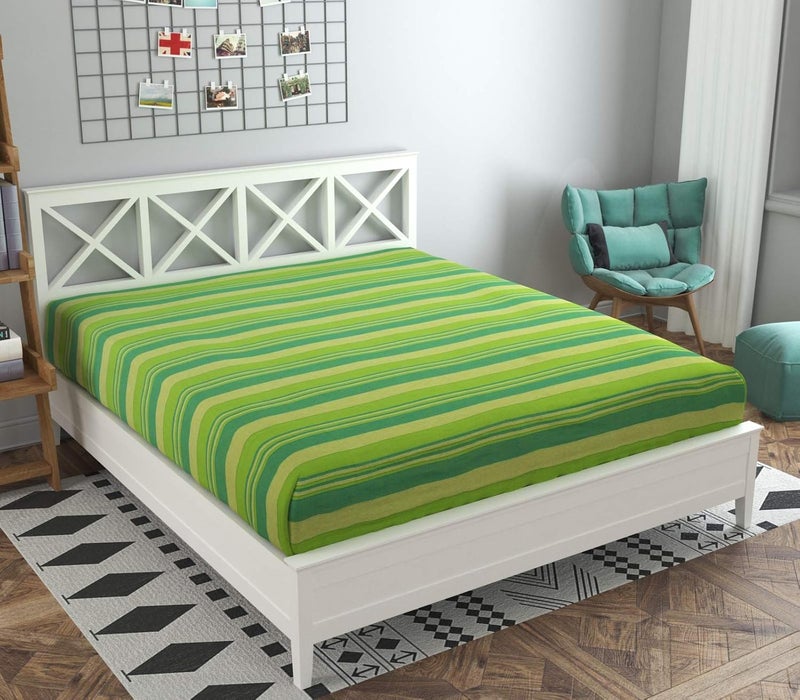 RANGBHAR Handloom Cotton Single Bedsheet Without Pillow Covers Woven Striped Bedcover 60 x 90 inch Green210 Threadcount - Image 2