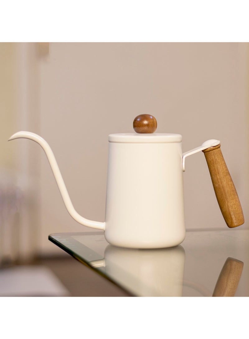 OMRAN CART Pour Over Coffee Kettle 600ml - Stainless Steel with Wooden Handle & Lid Cap, White Color, Gooseneck Spout, Perfect for V60 Pour Over & Specialty Coffee Brewing - Image 1