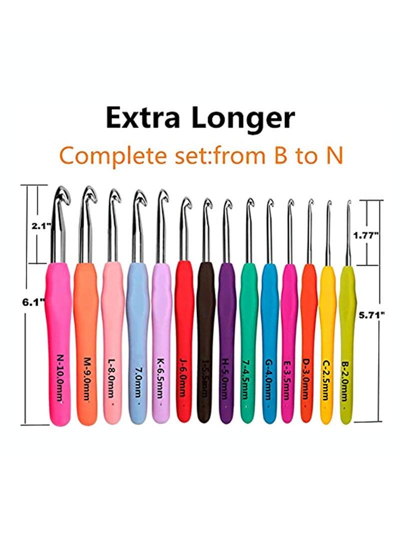 KASTWAVE - Crochet Hooks, 14Pcs Long TPR Soft Handle DIY Hand-knitted Crochet Hooks Sweater Making Set with Floral Storage Bag Soft Ruler Lock Pin Needle Scissors - Image 1