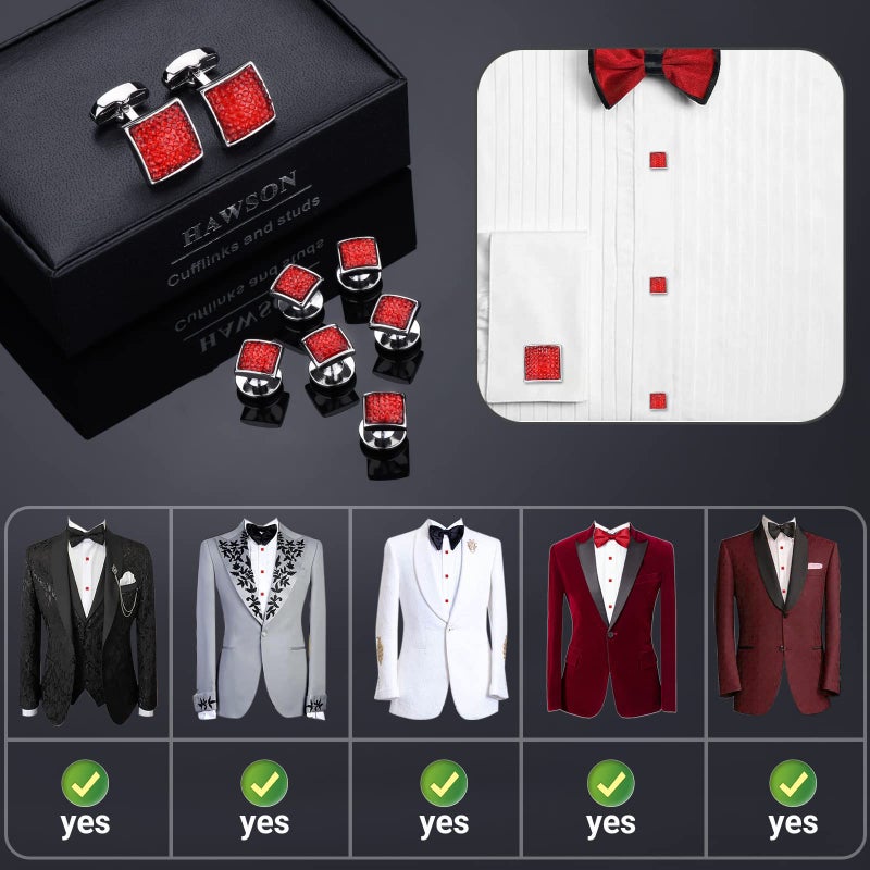 HAWSON Graceful Square Red Crystal Cufflinks Tuxedo Studs Man Shirt - Image 4