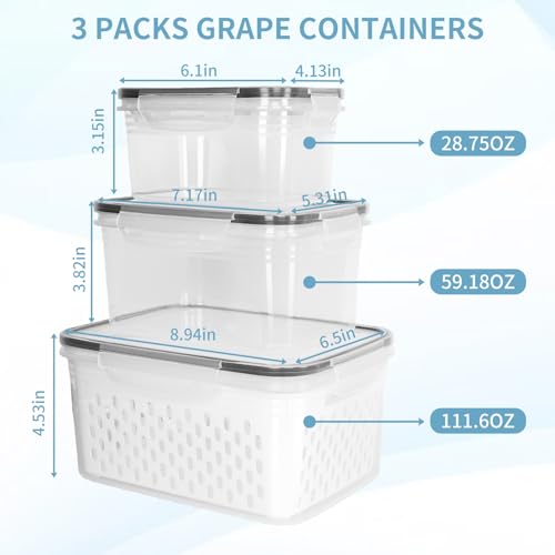 Dukrouk Grape Container for Fridge3PCS09Qt 135QtLeakproof Grape Container with Removable ColanderDishwasher microwave safe Produce ContainersKeep Fruits Vegetables Meat Fresh Longer - Image 3