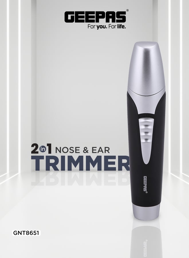 GEEPAS GNT8651 Nose And Ear Trimmer - Professional 2 in 1 Eyebrow, Facial Hair Trimmer With Cleaning Brush Black/Silver - Image 1