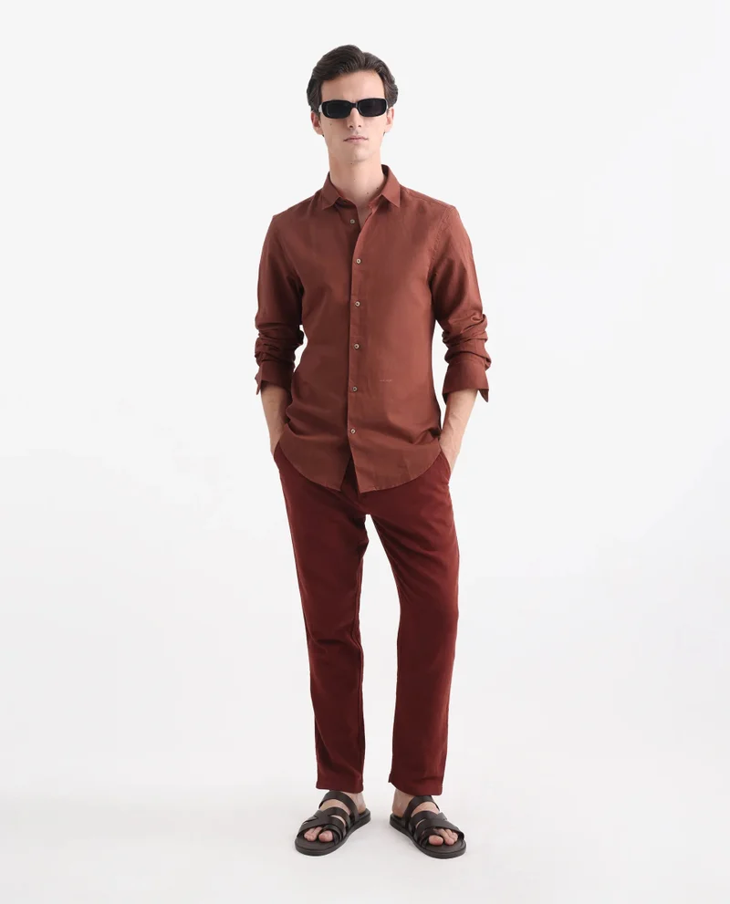 Rare Rabbit Rare Rabbit Men's Linux Rust Cotton Linen Fabric Full Sleeves Regular Fit Solid Shirt